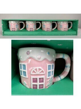 LANG Set of 4 Pink Gingerbread House Espresso Cups NEW christmas holiday coffee
